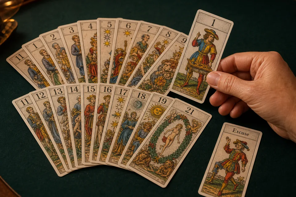 Cartes et joueurs de tarot français illustrant Calculateur de points