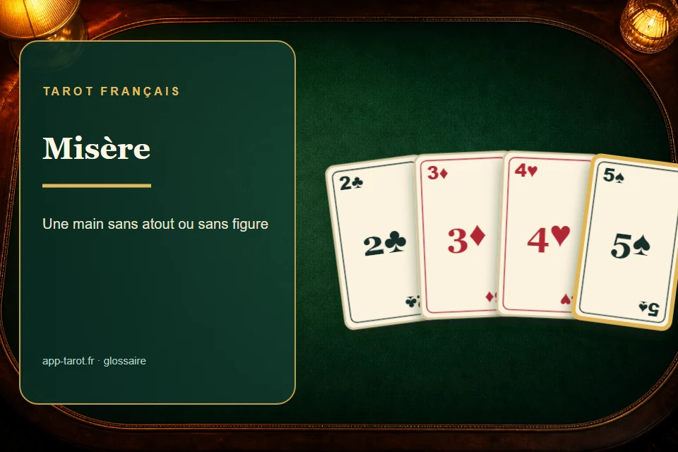 Cartes et joueurs de tarot français illustrant La misère au tarot : l'annonce de la main la plus faible