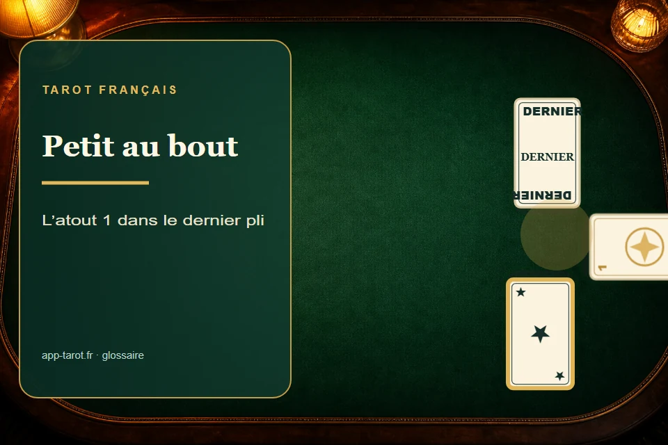 Cartes et joueurs de tarot français illustrant Le petit au bout au tarot : la prime du dernier pli